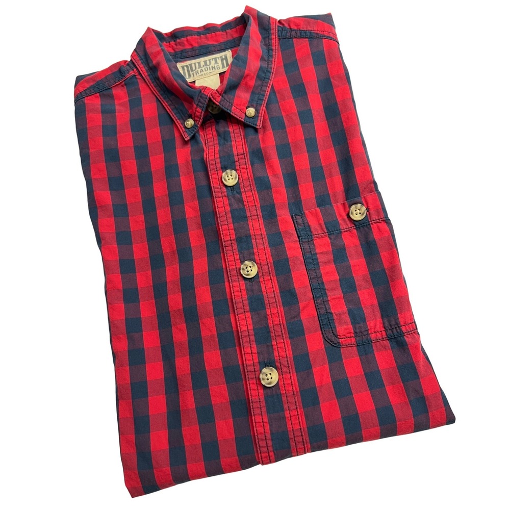 Duluth Trading Co Button Down Mens‎ M Tall Red Check Short Sleeve Work Shirt F7
